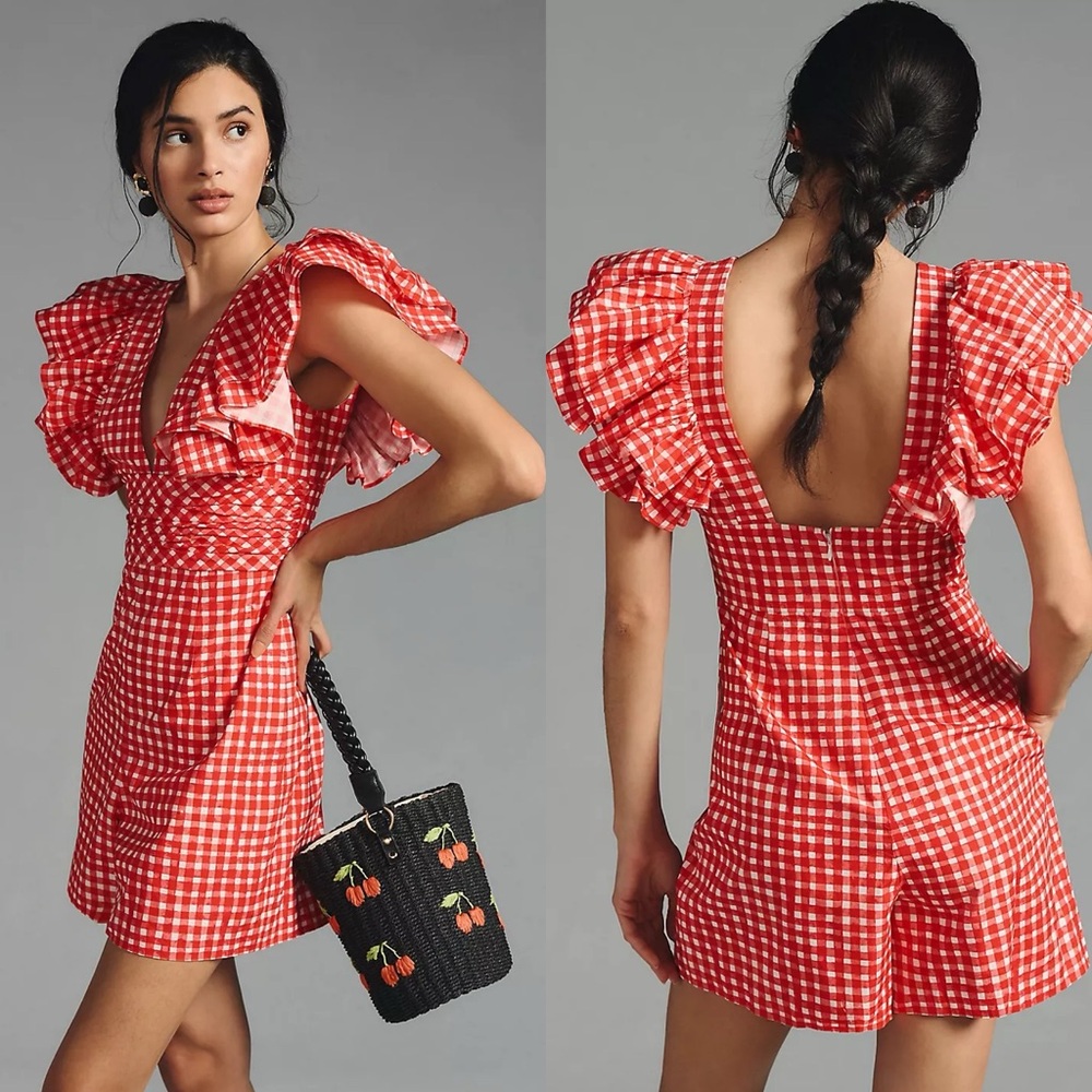 Anthropologie Hutch V-Neck Ruffle-Sleeve Romper in Red Gingham